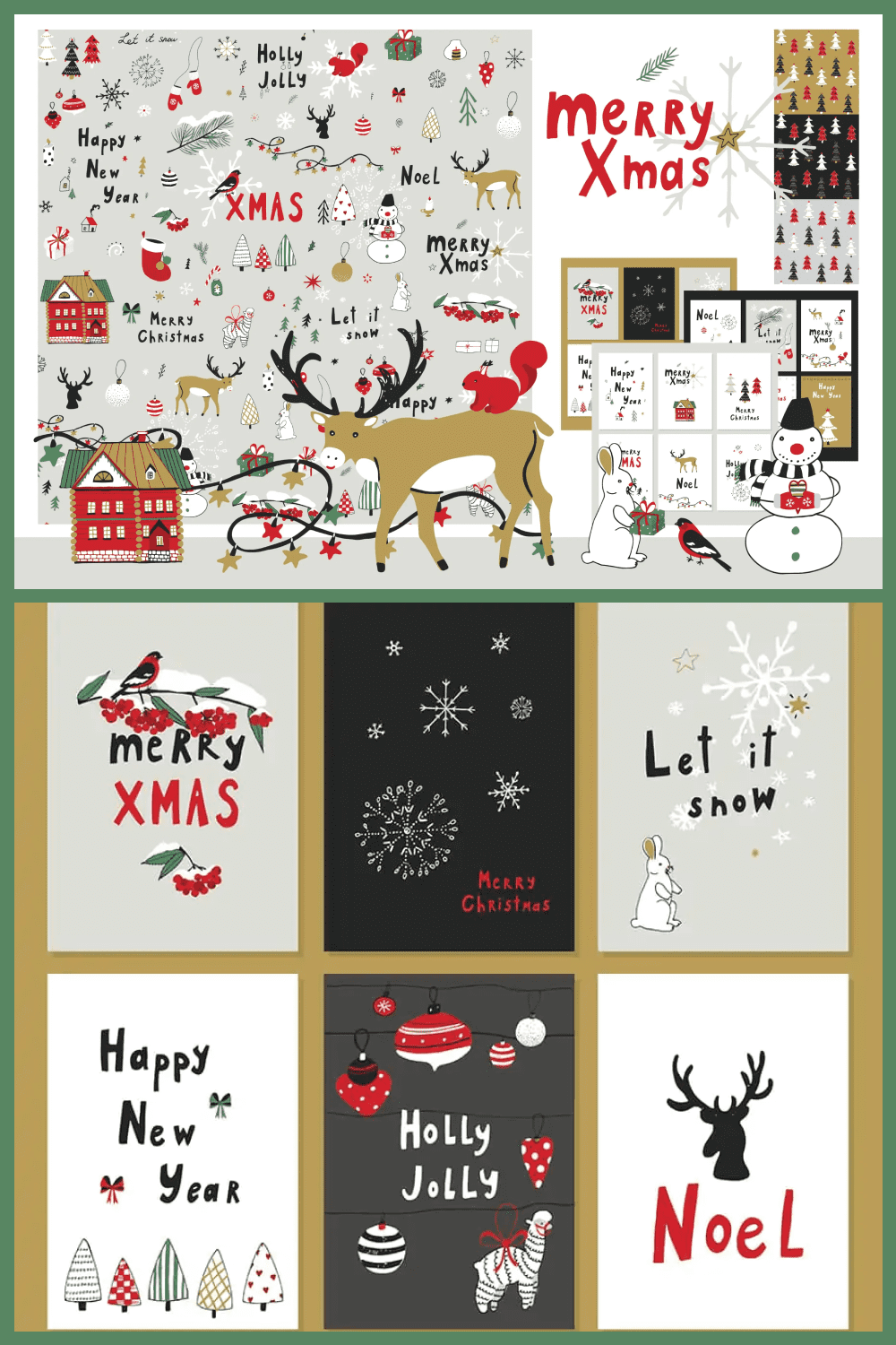 Collage with Christmas patterns cards on black, gray, white background with lettering and illustrations.