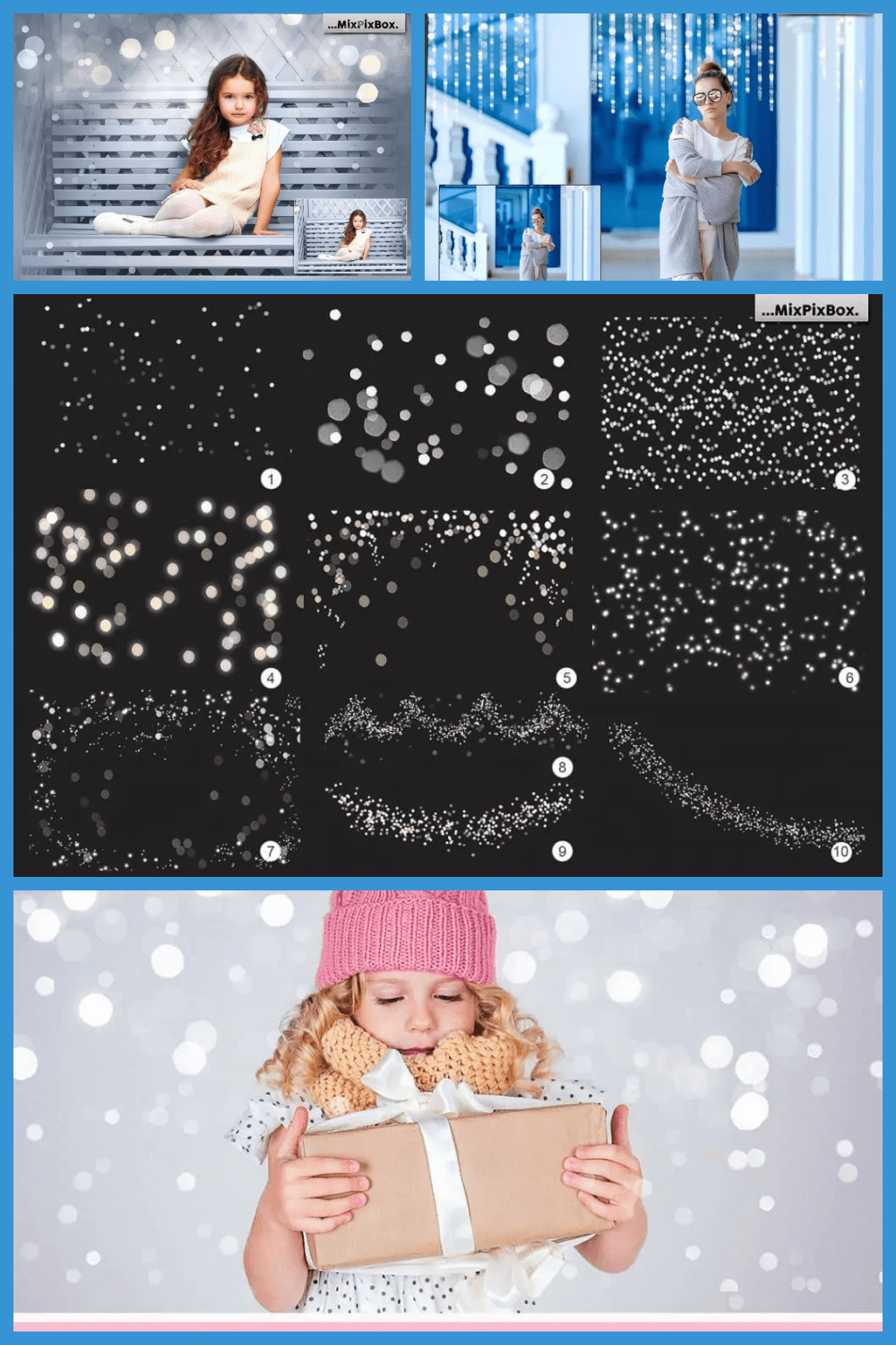 collage with photos of girls and a woman, and twinkling lights on a black background.