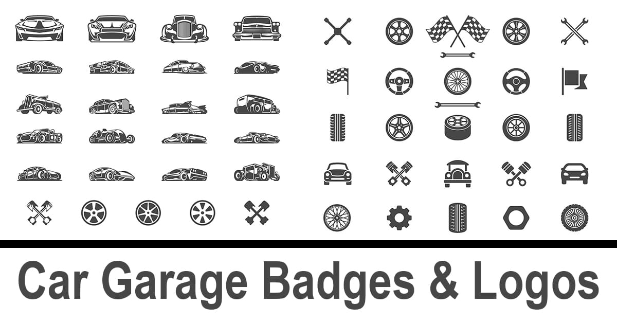 Black and white collection of car badges.