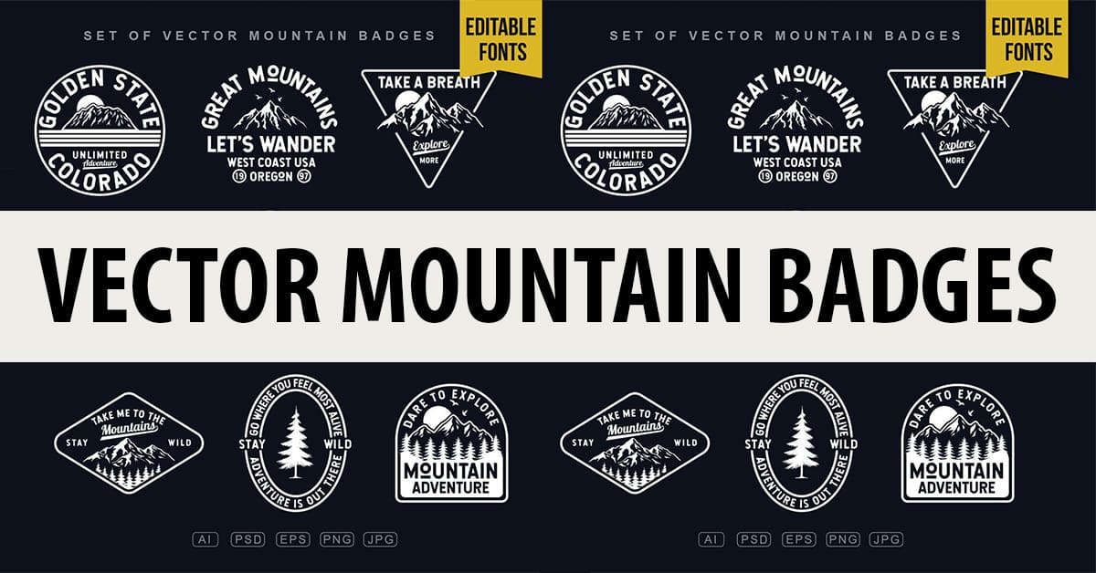 Black and white collection of mountain badges.