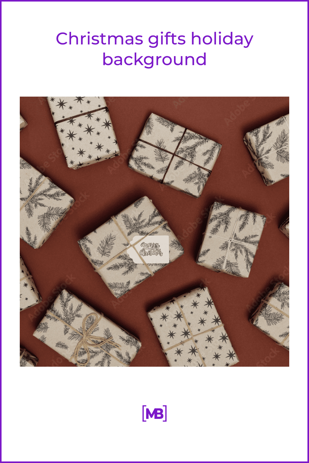 gifts wrapped in paper with sprigs and stars on a light brown background.