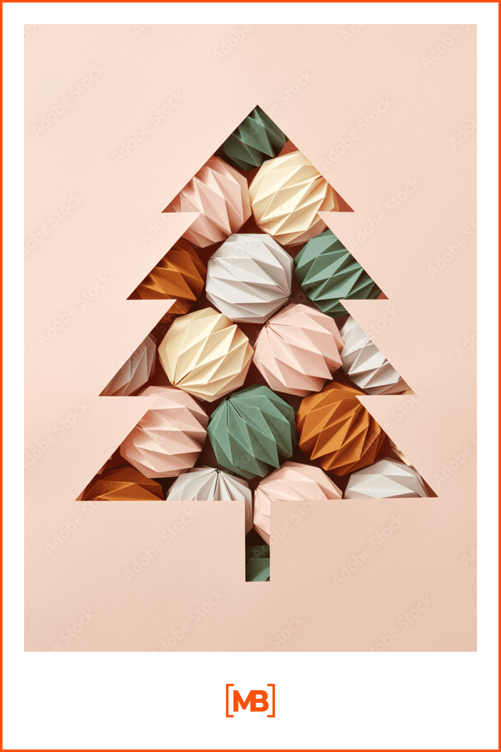 Christmas tree made of origami balls on a pale pink background.