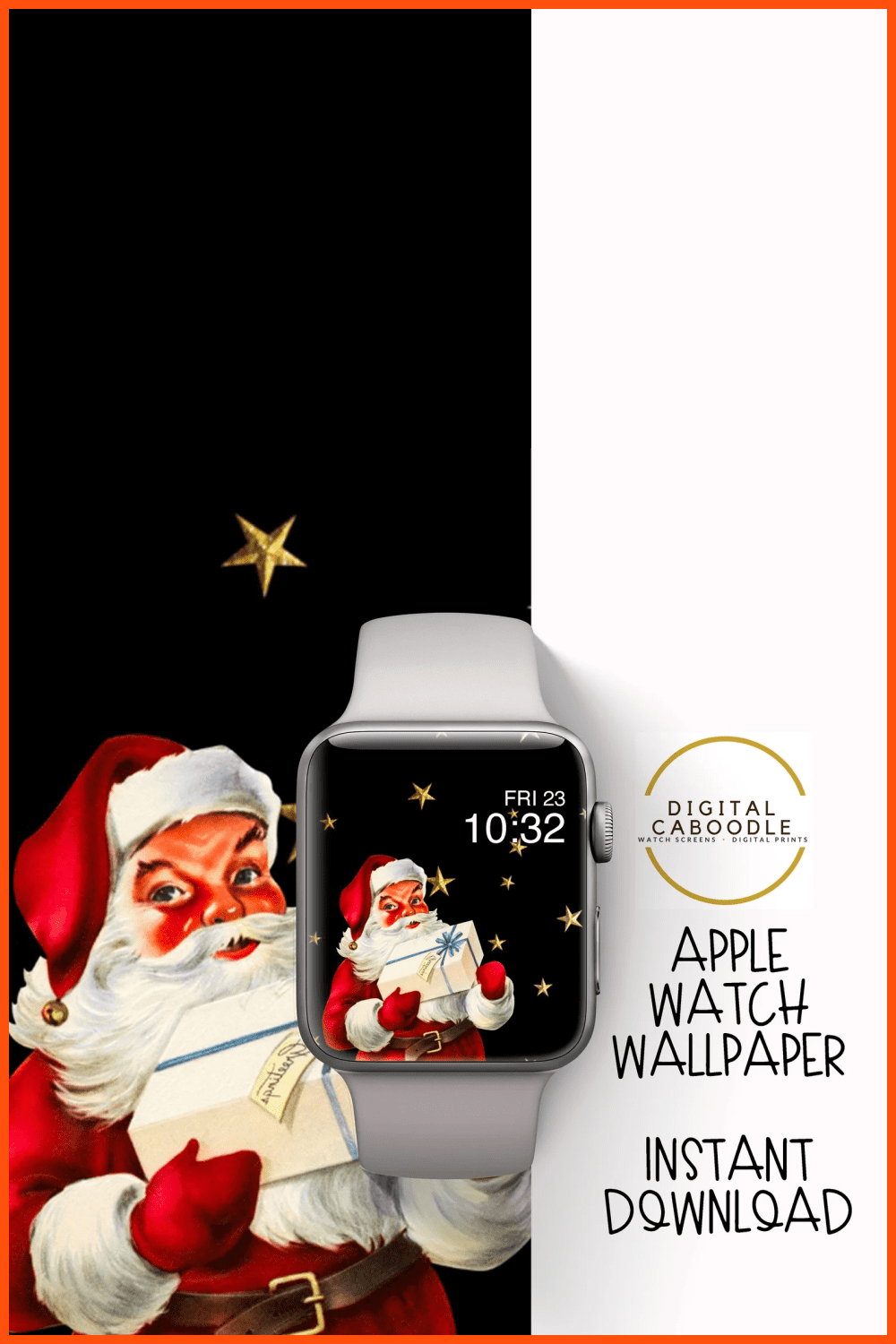 Apple watch with retro Santa on black bacground face.