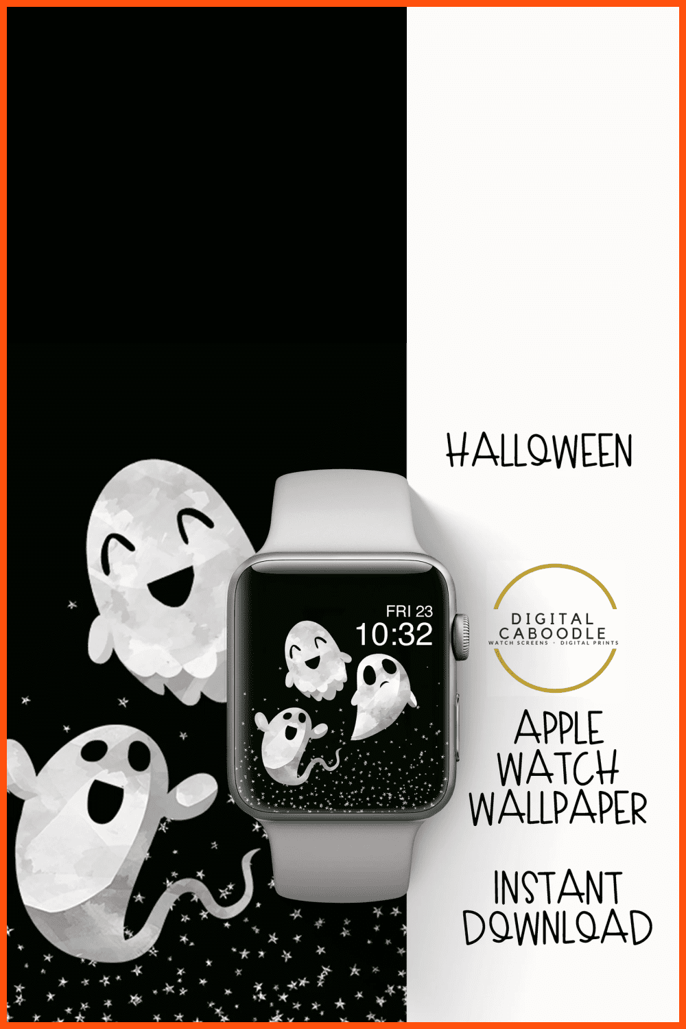 Apple watch with white ghosts on black background.