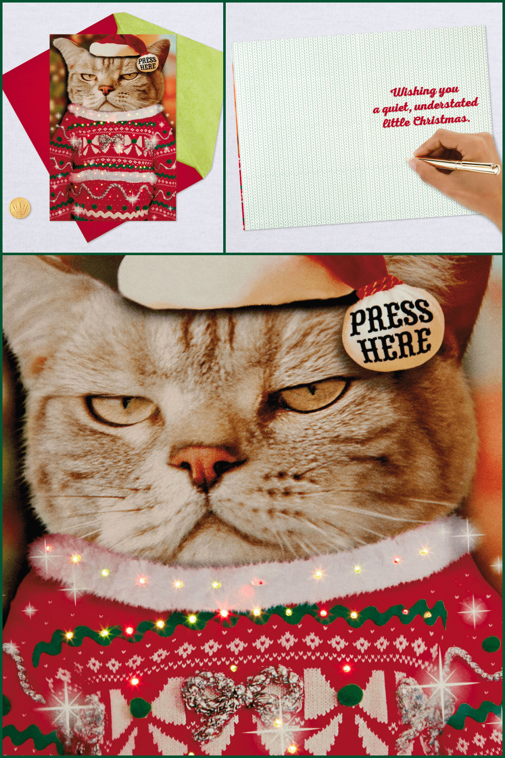 Card with a grumpy cat in a funny Christmas sweater.