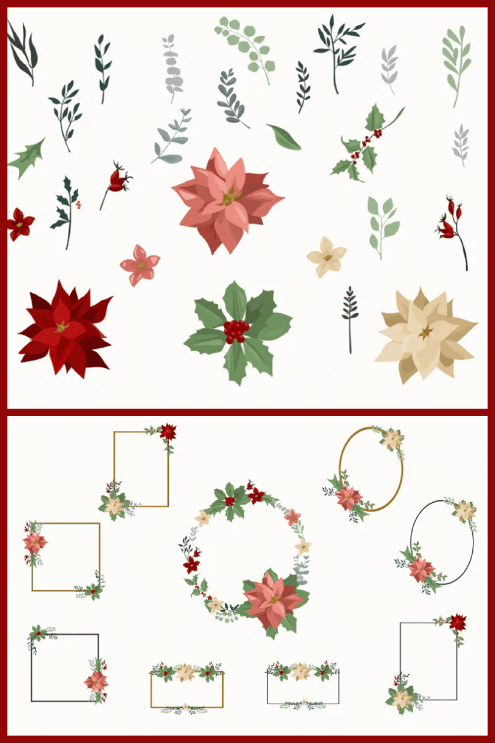 collage with flowers, foliage, floral frames on white background.