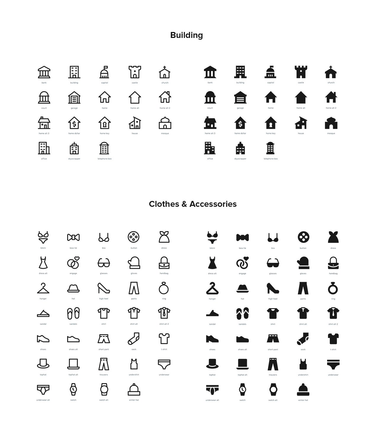 Buildings and clothes icons.