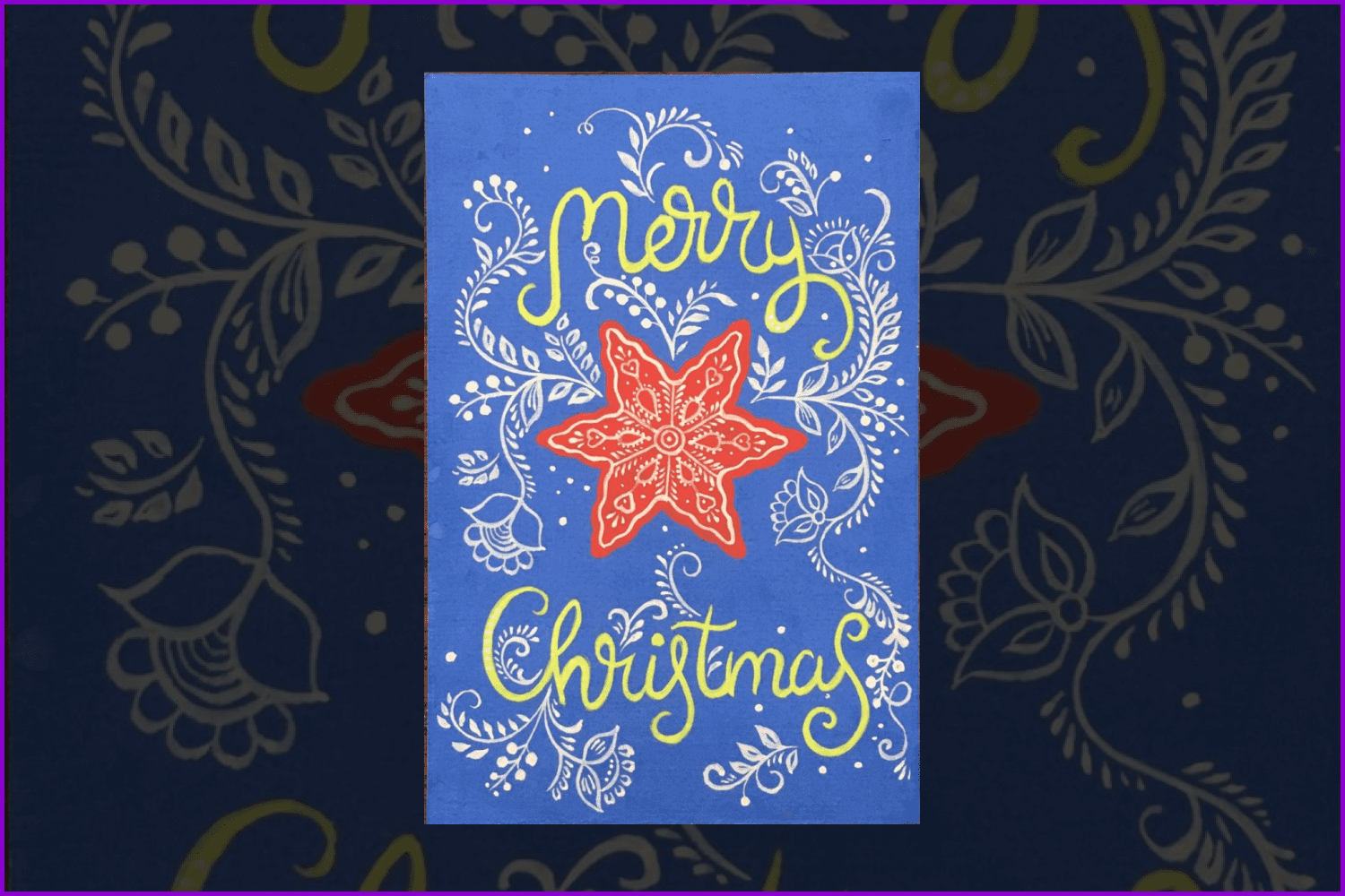 Red star on blue background with sign Merry Christmas.