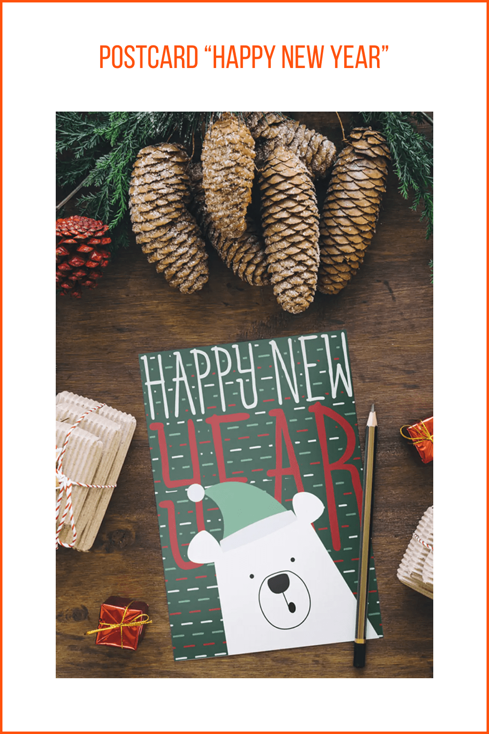 Greeting card on the background of fir cones with white bear.