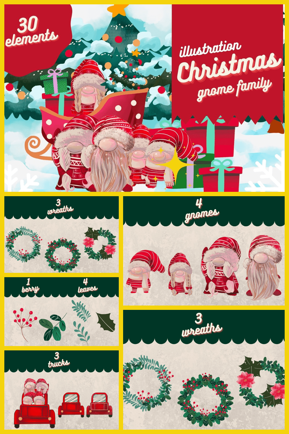 collage with gnomes in sleigh, Christmas clothes and with big noses, Christmas wreaths, red cars.