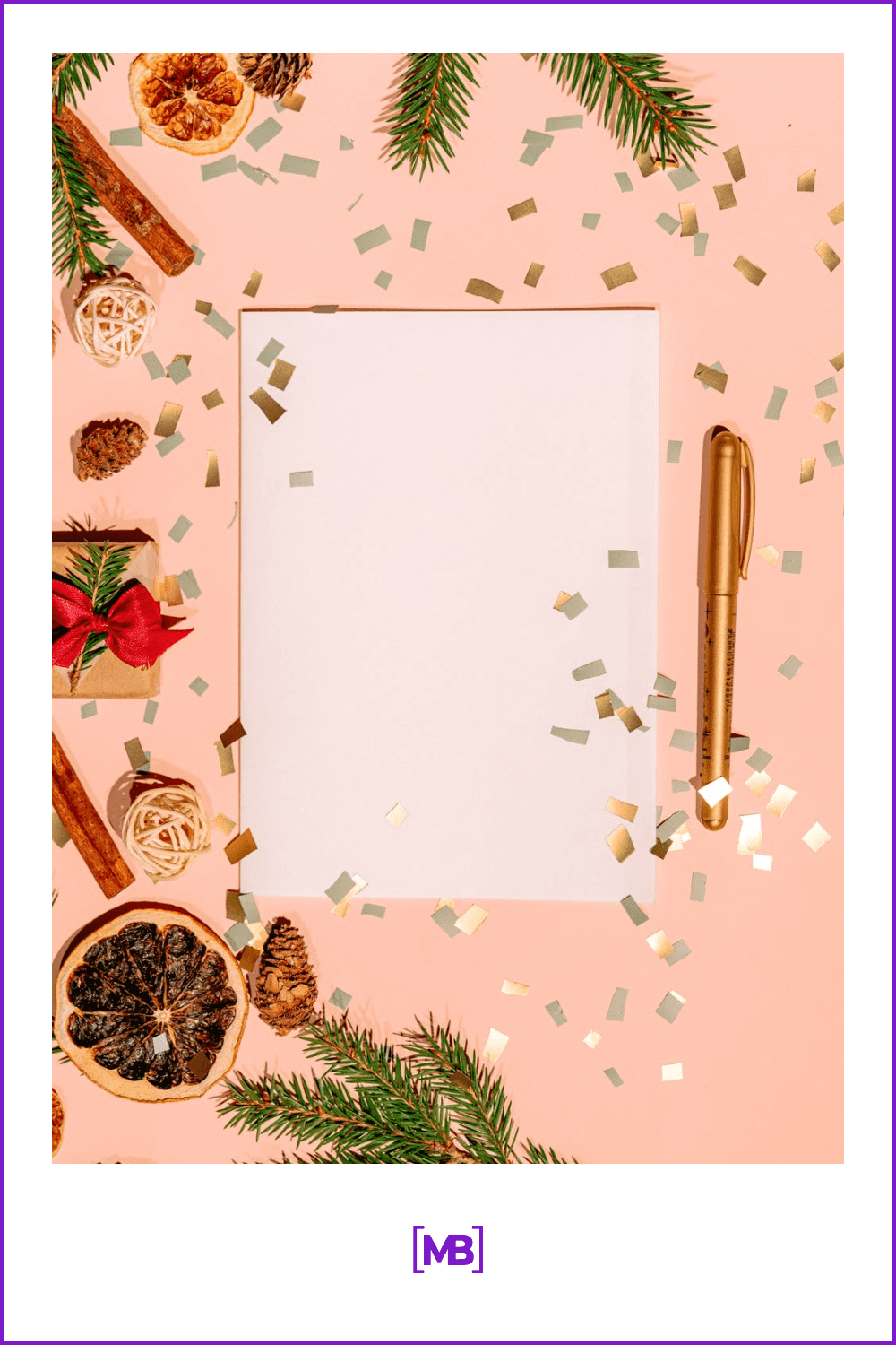white sheet, gold pen on pink background with confetti and christmas decor.