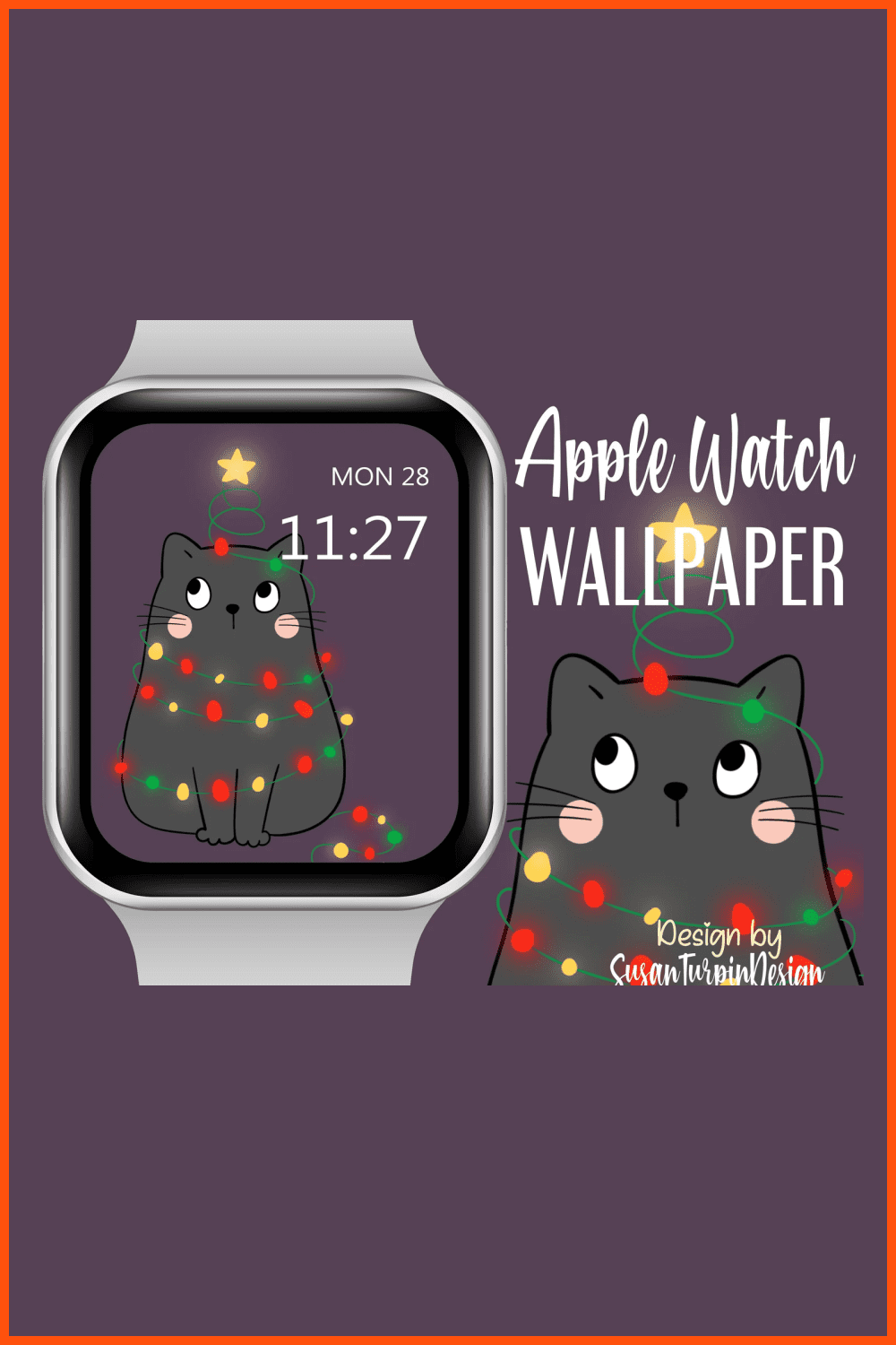 Apple watch with funny gray cat in a garland.