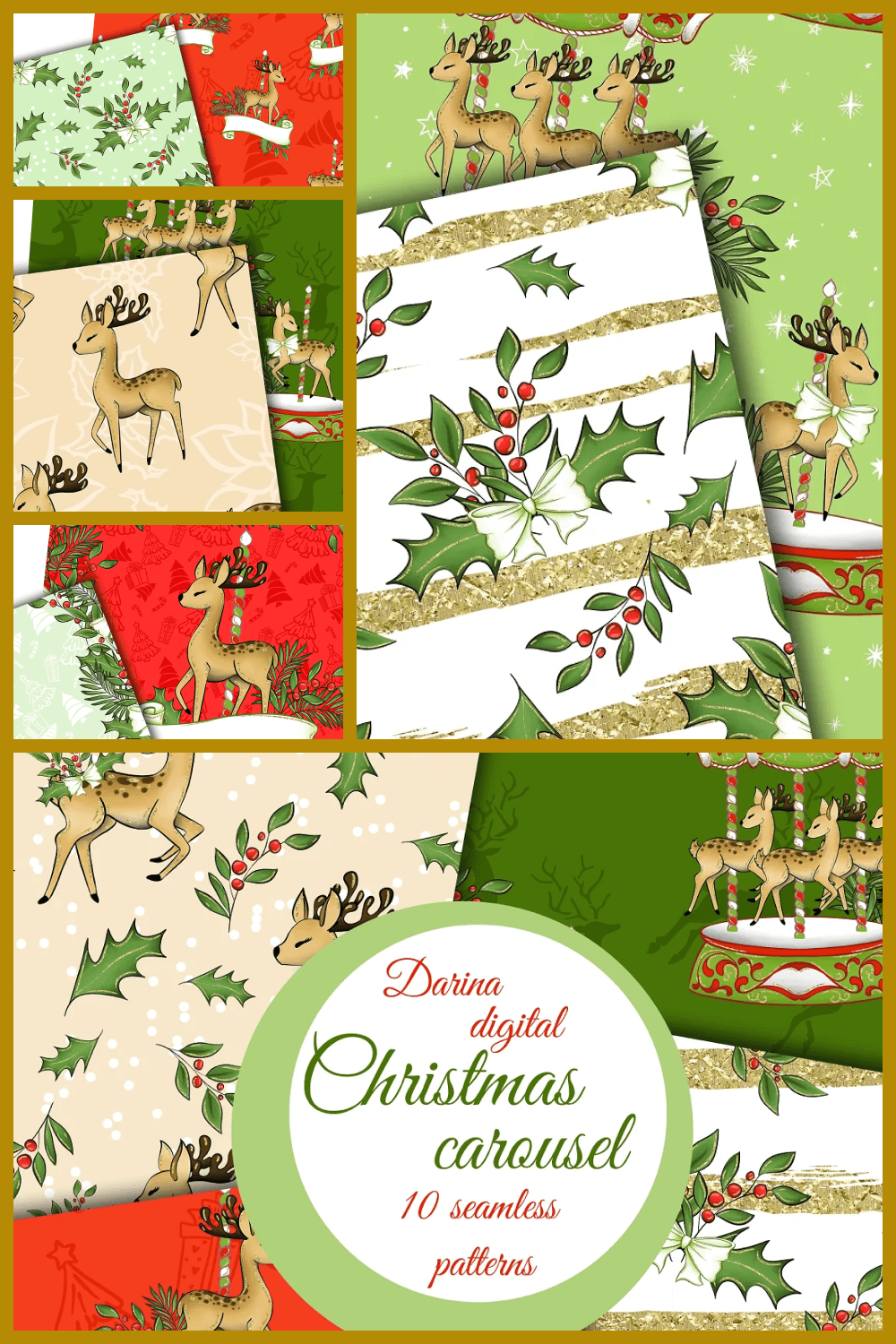 cards with deer, christmas plants, on green and pink background.