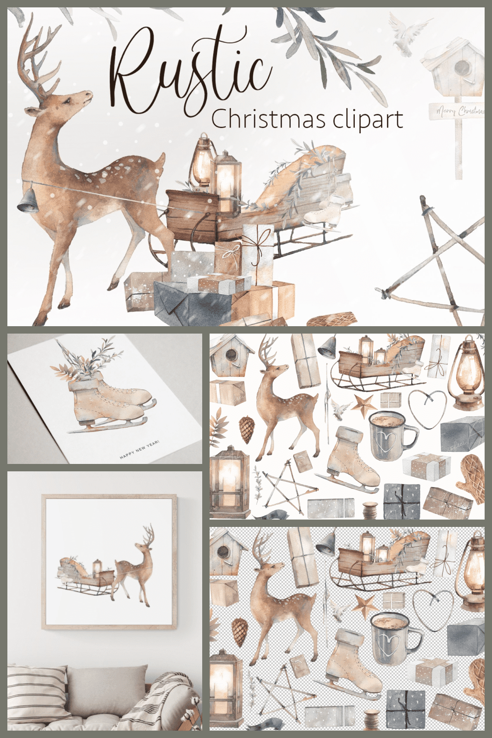 collage with watercolor deer, sledges, skates, Christmas decor, cup on white background.