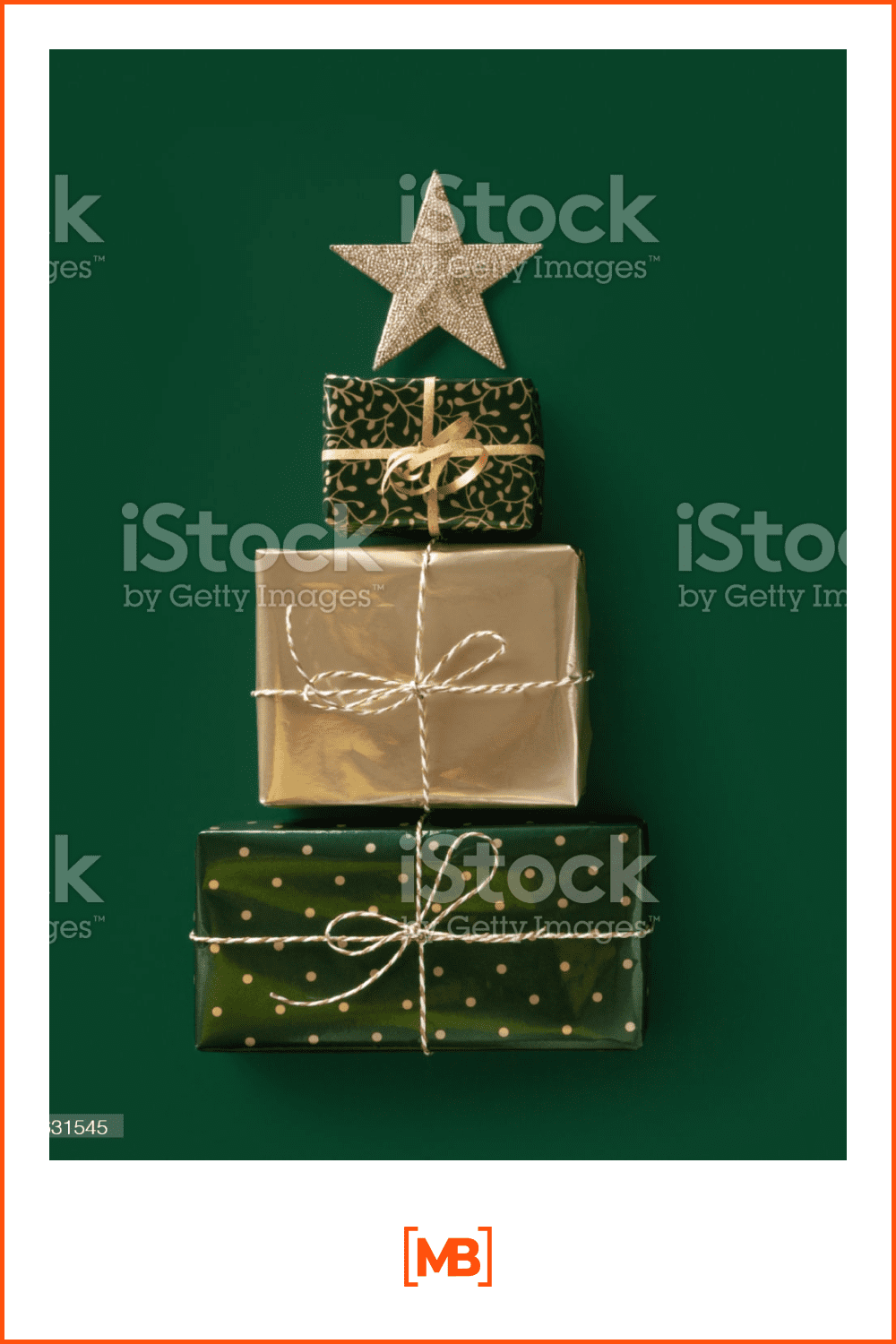 Gifts wrapped in green and yellow paper in the shape of a Christmas tree with a star at the top.