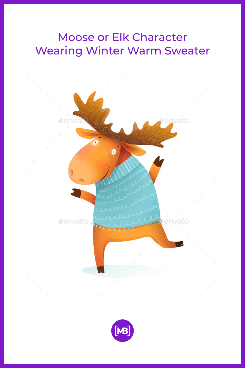 hand-drawn moose in a blue knitted sweater dancing.