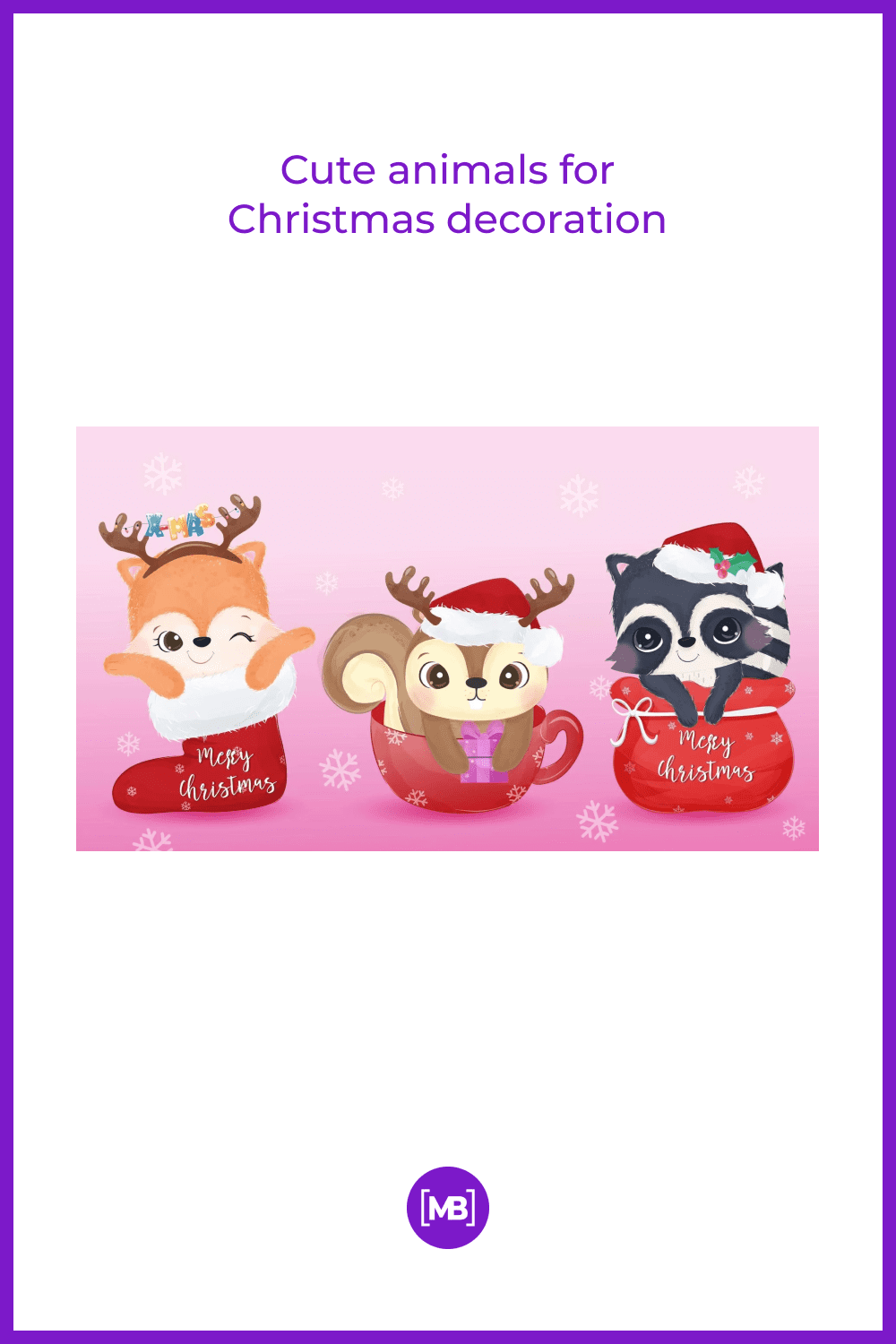 fox, squirrel and raccoon in Christmas outfits look out of red bags on a pink background.