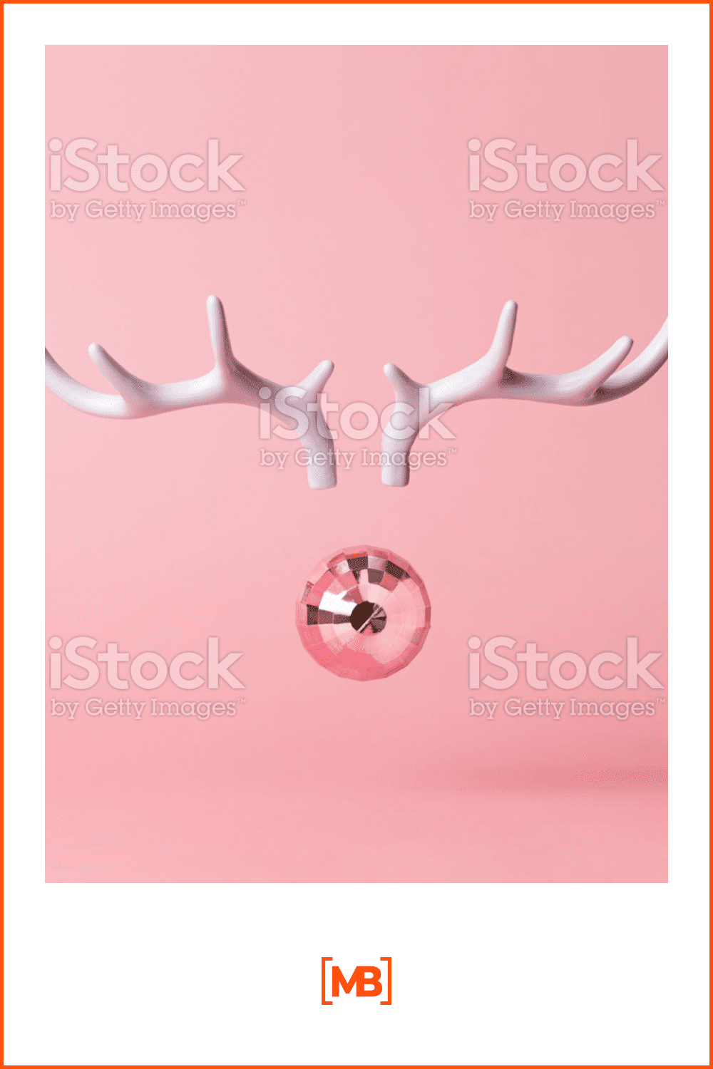 white deer antlers, a Christmas tree toy instead of a nose on a pink background.