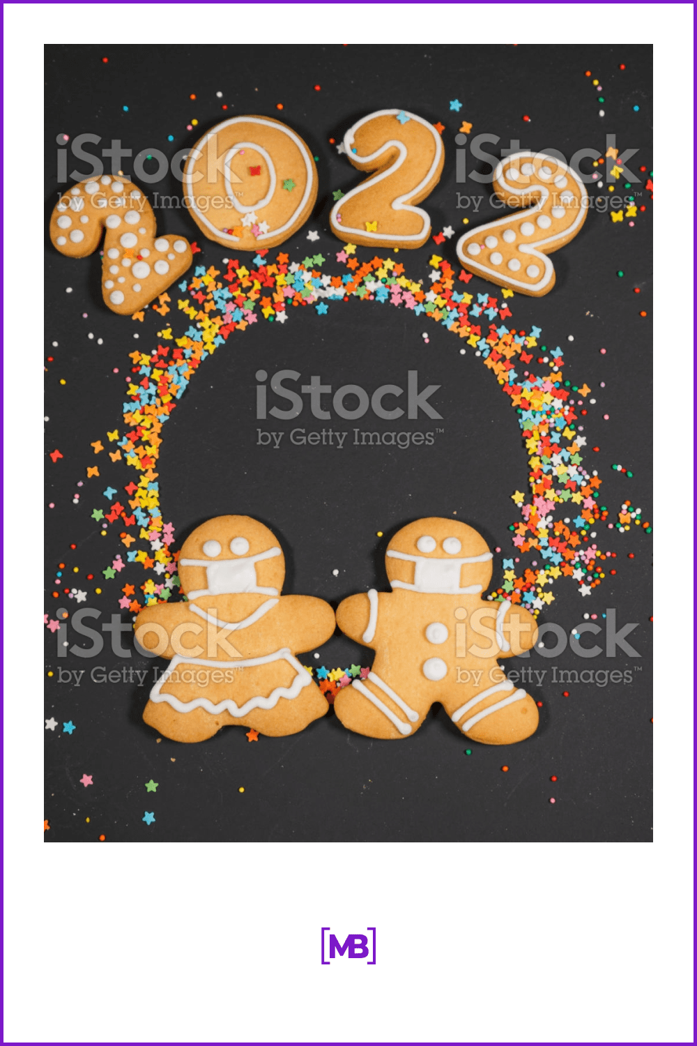 cute gingerbread men in masks in confetti from colored stars.