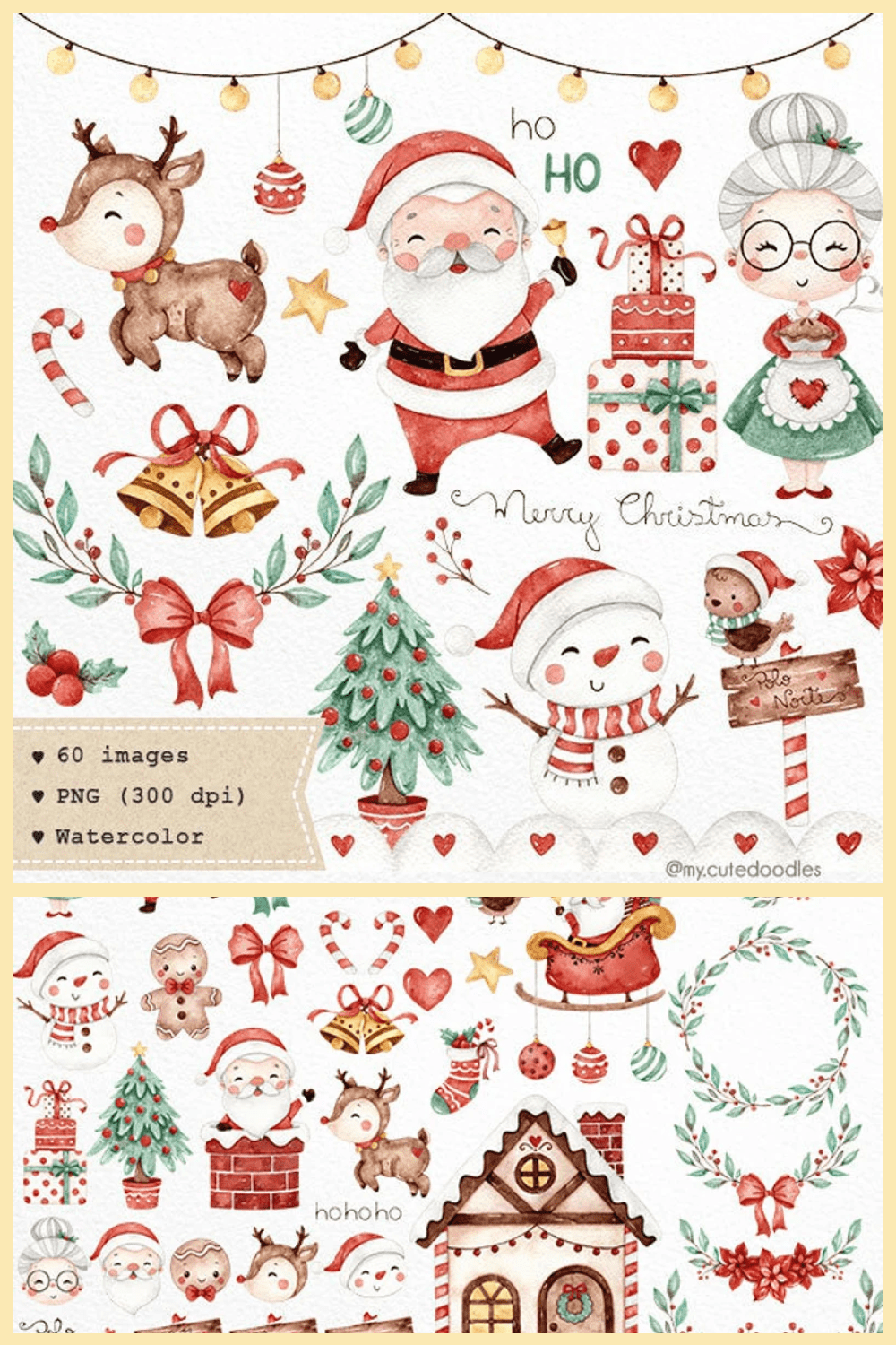 santa claus and woman among gifts, christmas tree, snowman, christmas wreaths, reindeer.