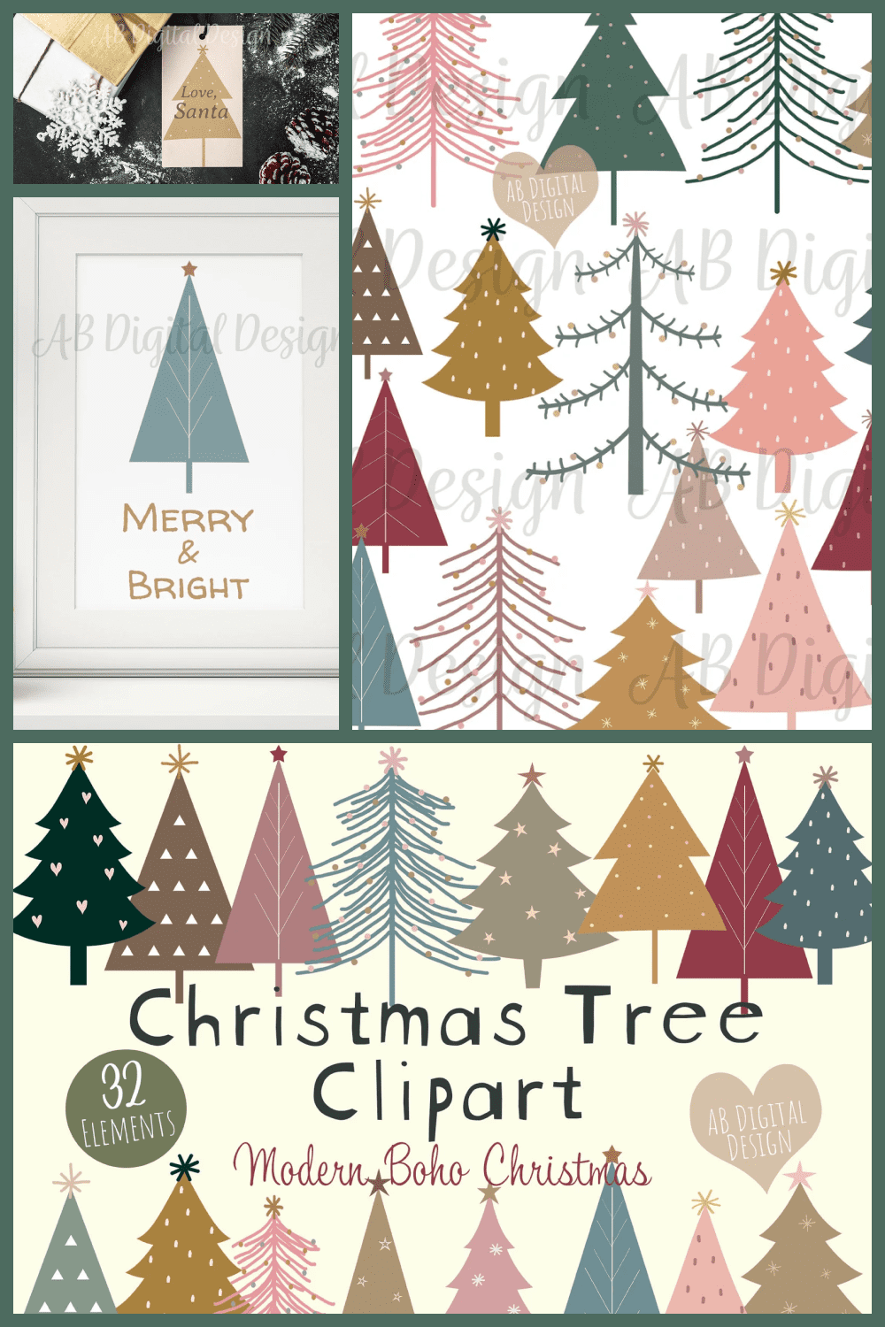 collage of different Christmas trees in pastel colors.