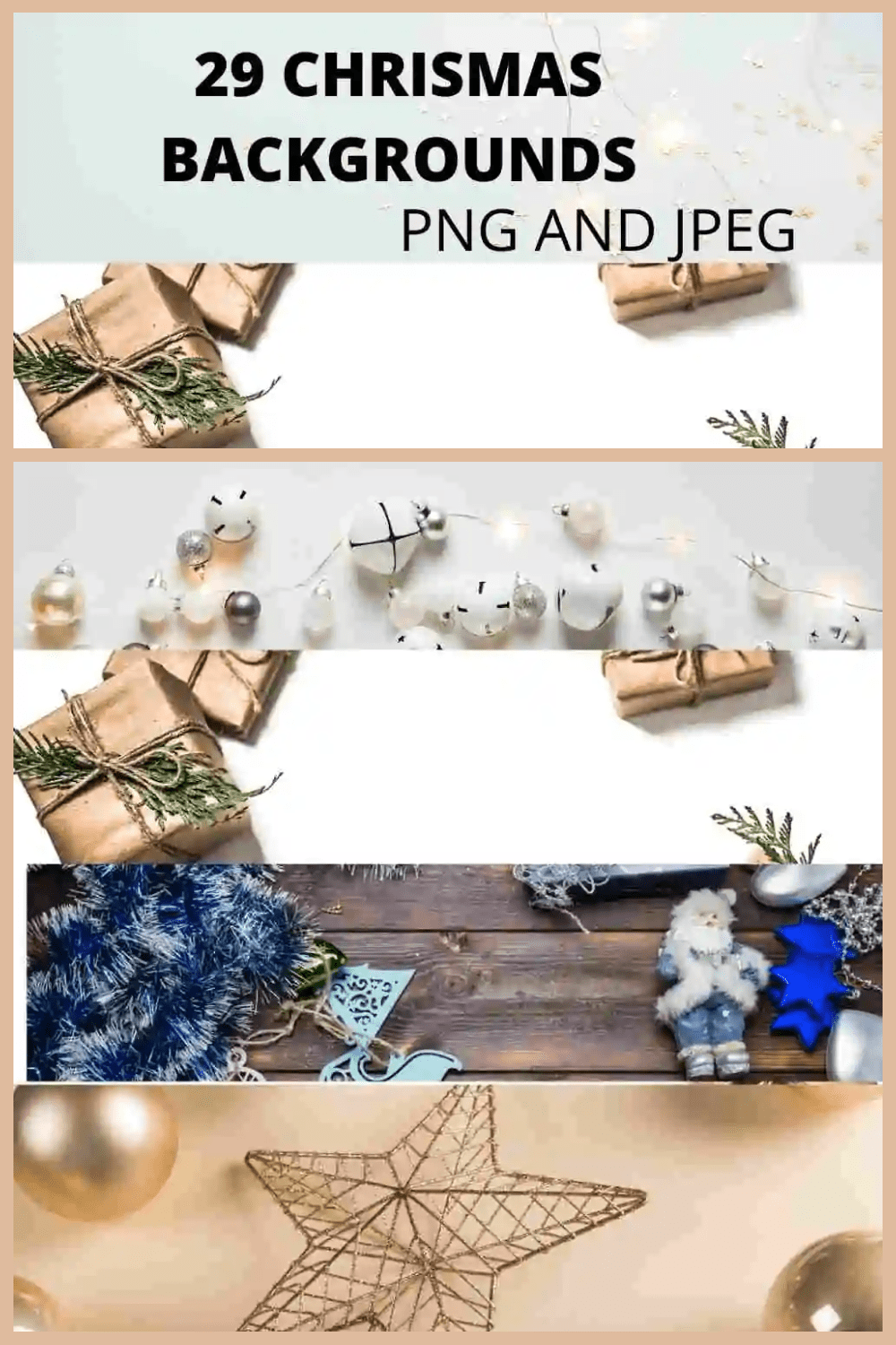 Five different backgrounds with gifts, Christmas decorations, garlands.