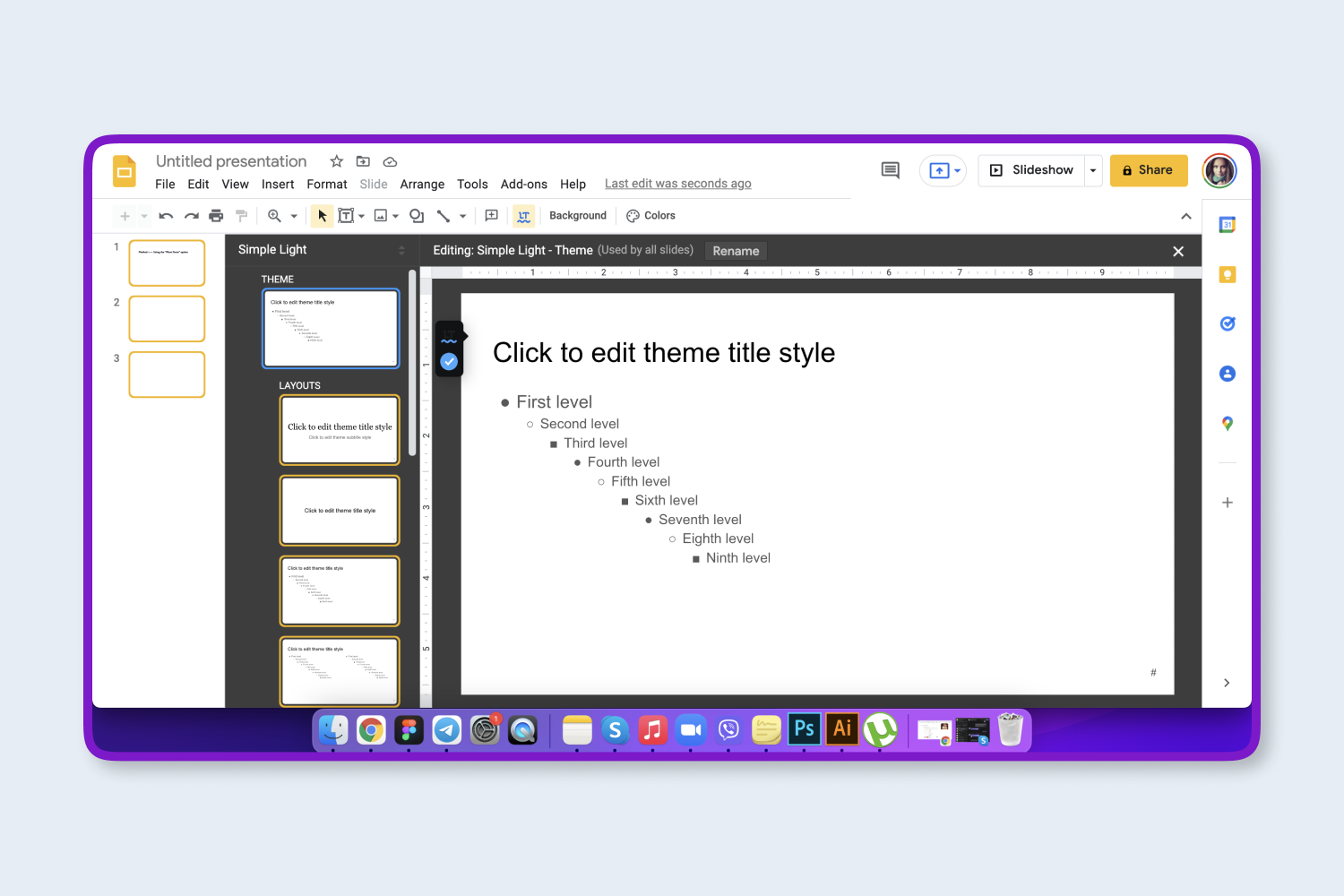 Choose the type of slide layout you want to edit. Note that each sample slide layout will show the number of slides using that template when you click it.