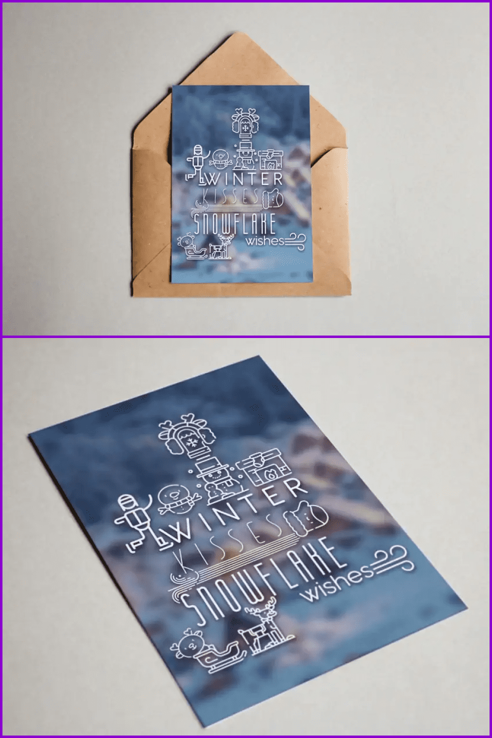 Greeting card with different winter fonts with envelope.