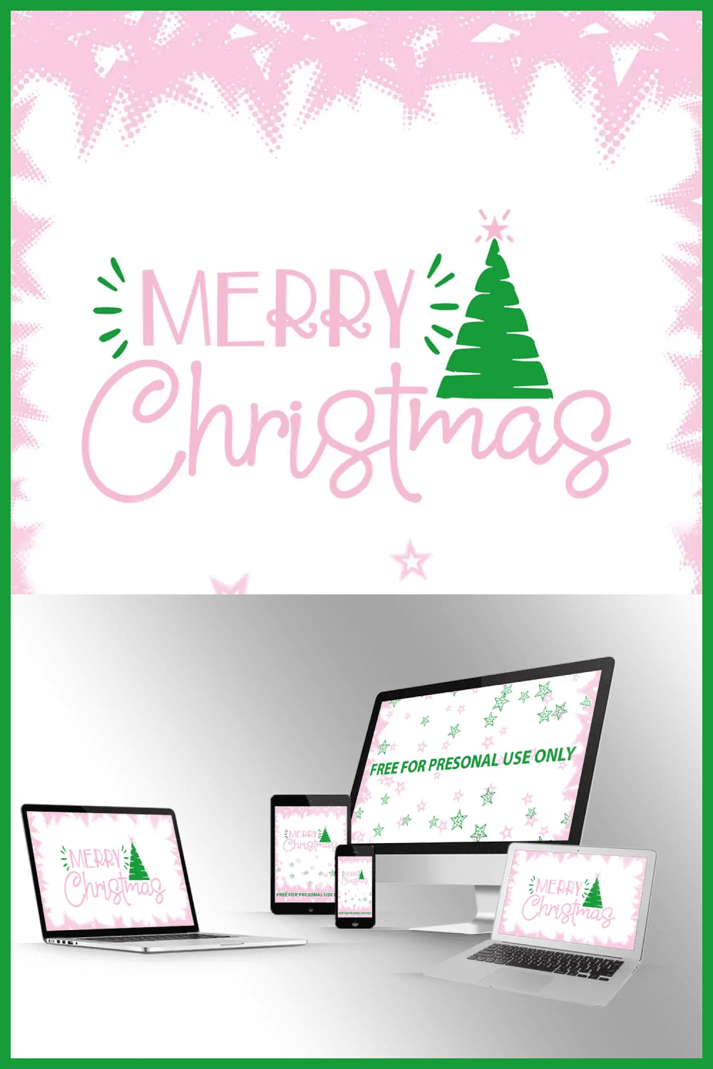 collage with pink lettering on white background and christmas tree and computers with christmas wallpaper.