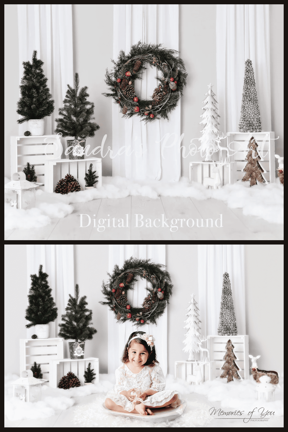 collage of two photos of a white room in Christmas decorations and a girl on one of them.
