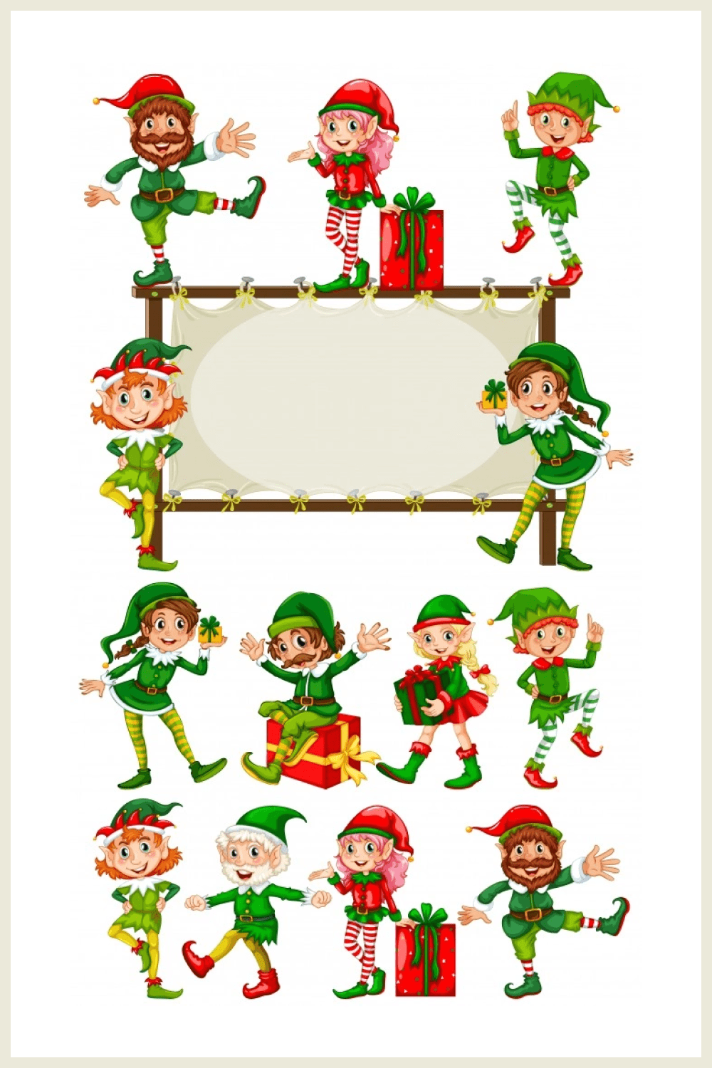 funny elves in Christmas costumes and gifts.