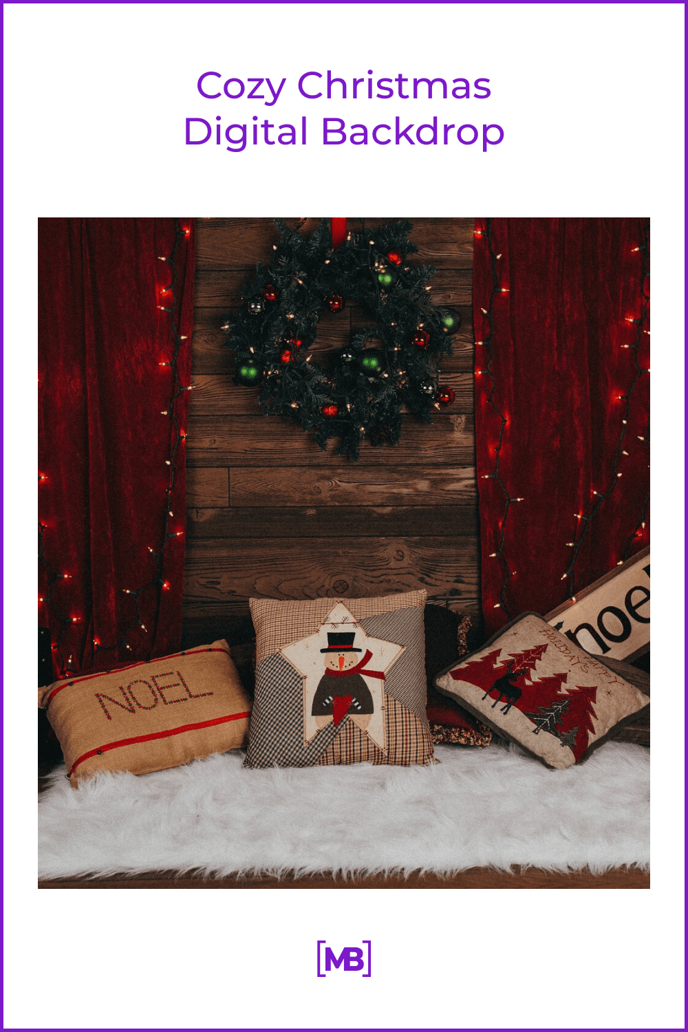 cozy corner with fluffy white carpet, Christmas pillow, wreath, red curtains on wooden background.