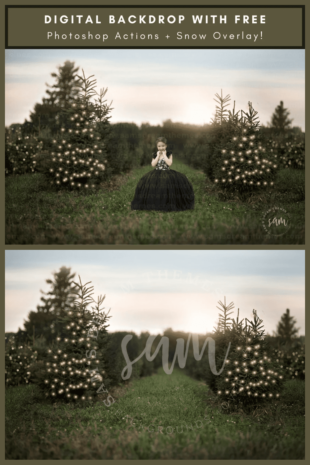 collage of two photos with Christmas trees with garlands and a girl in a black dress.