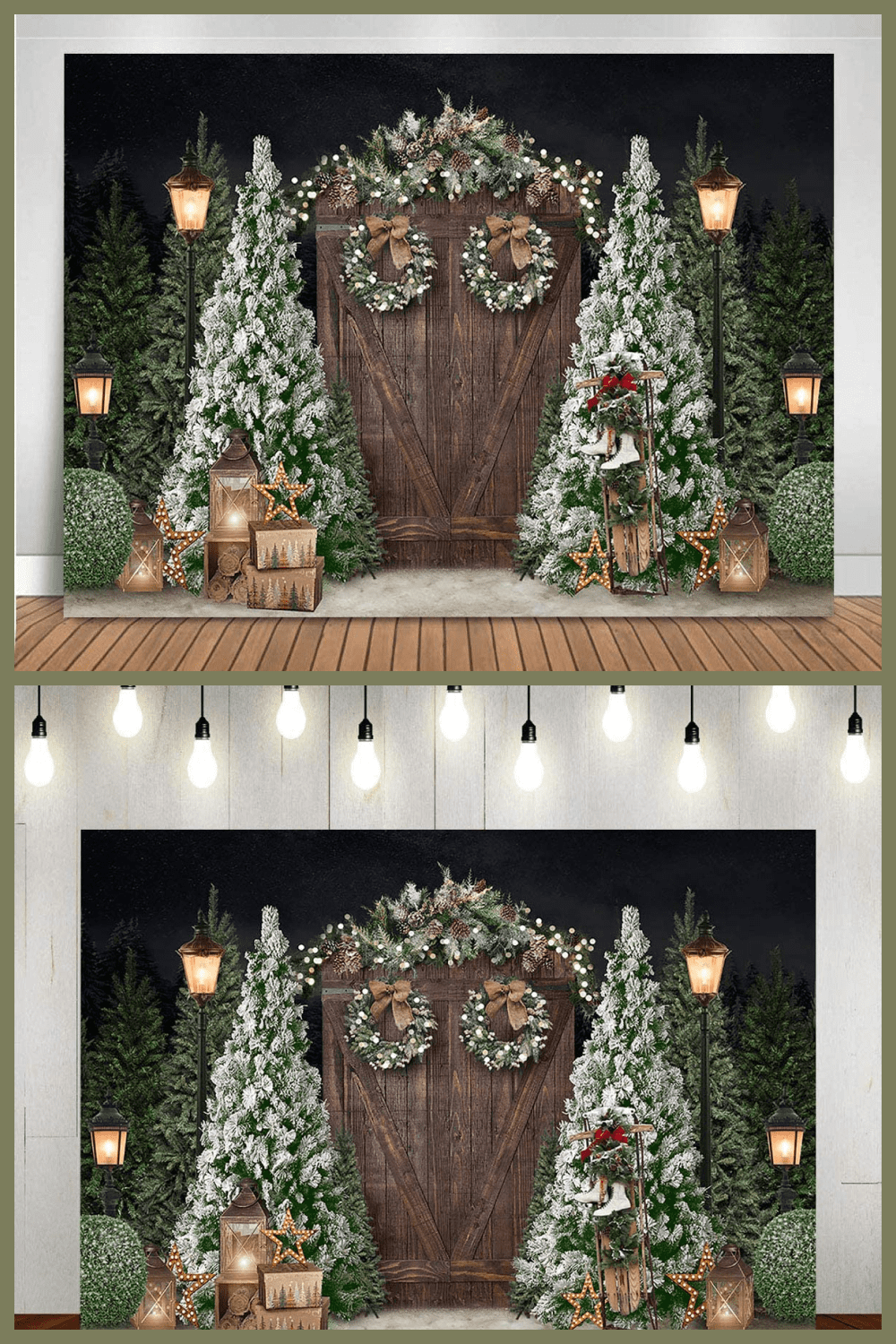 collage of two photos with wooden gates and snow-covered Christmas trees.