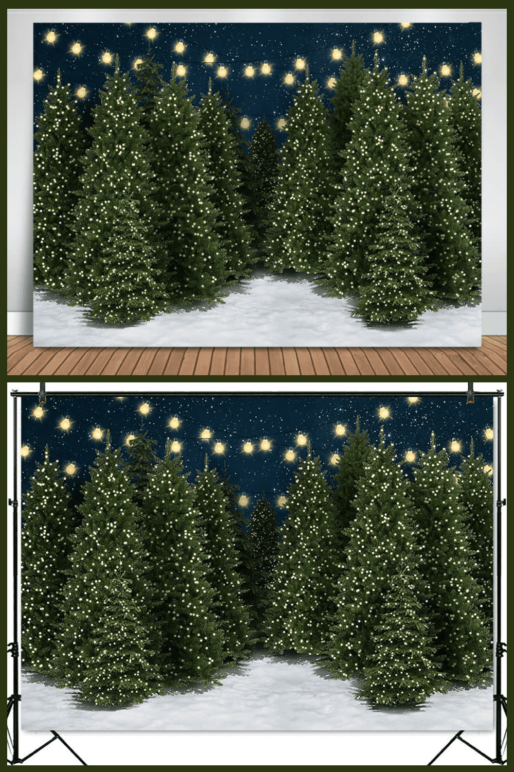 trees with twinkling garlands on the starry sky background.