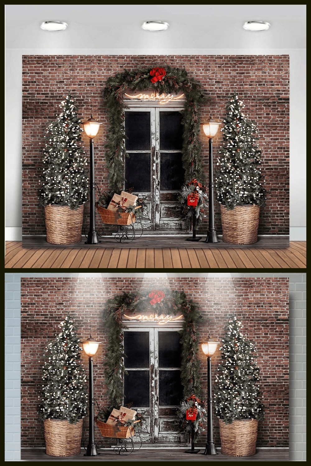 background for photo with brick wall, white window and Christmas trees.