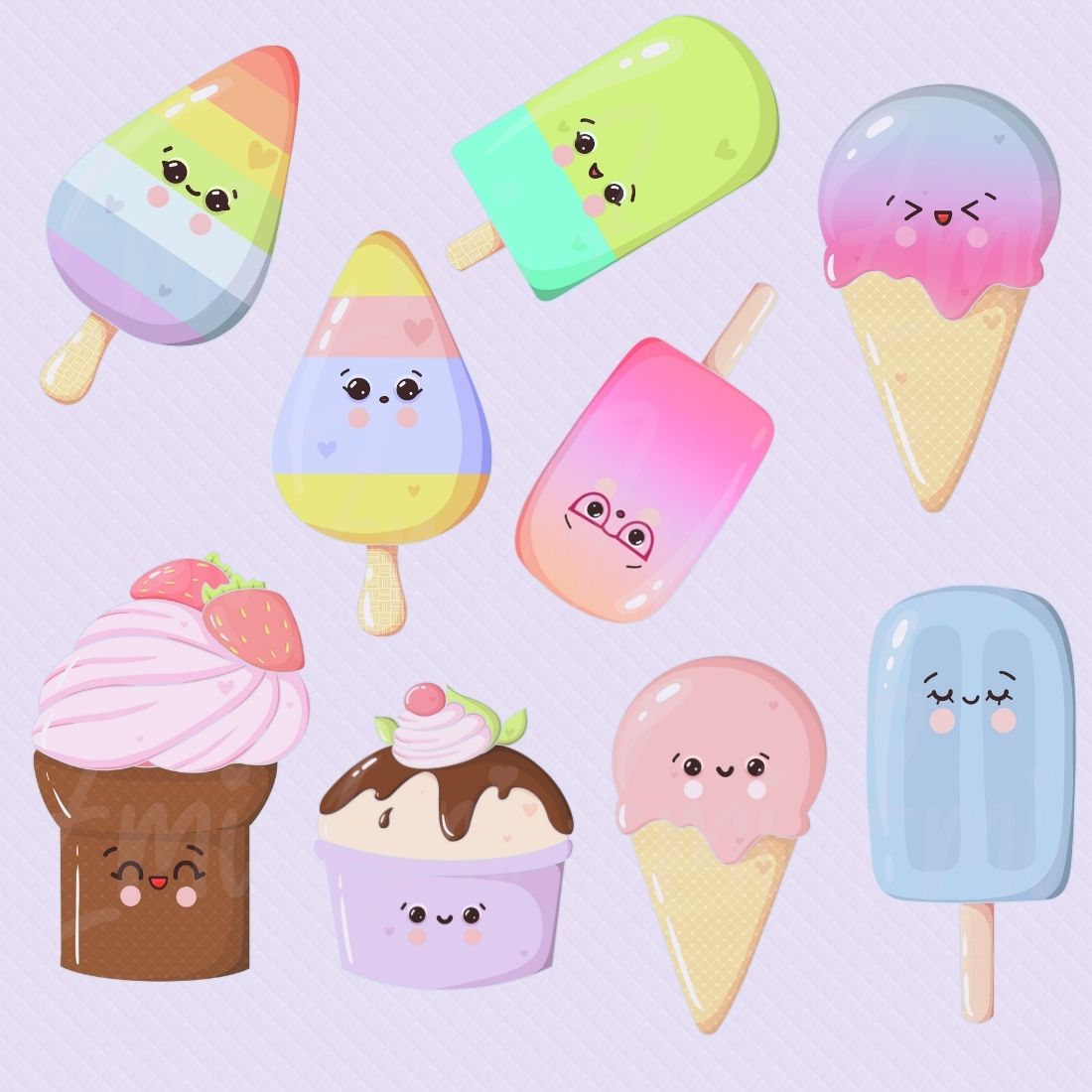 Included images of the different ice creams in kawaii style – 17 PNG files on transparent background. 