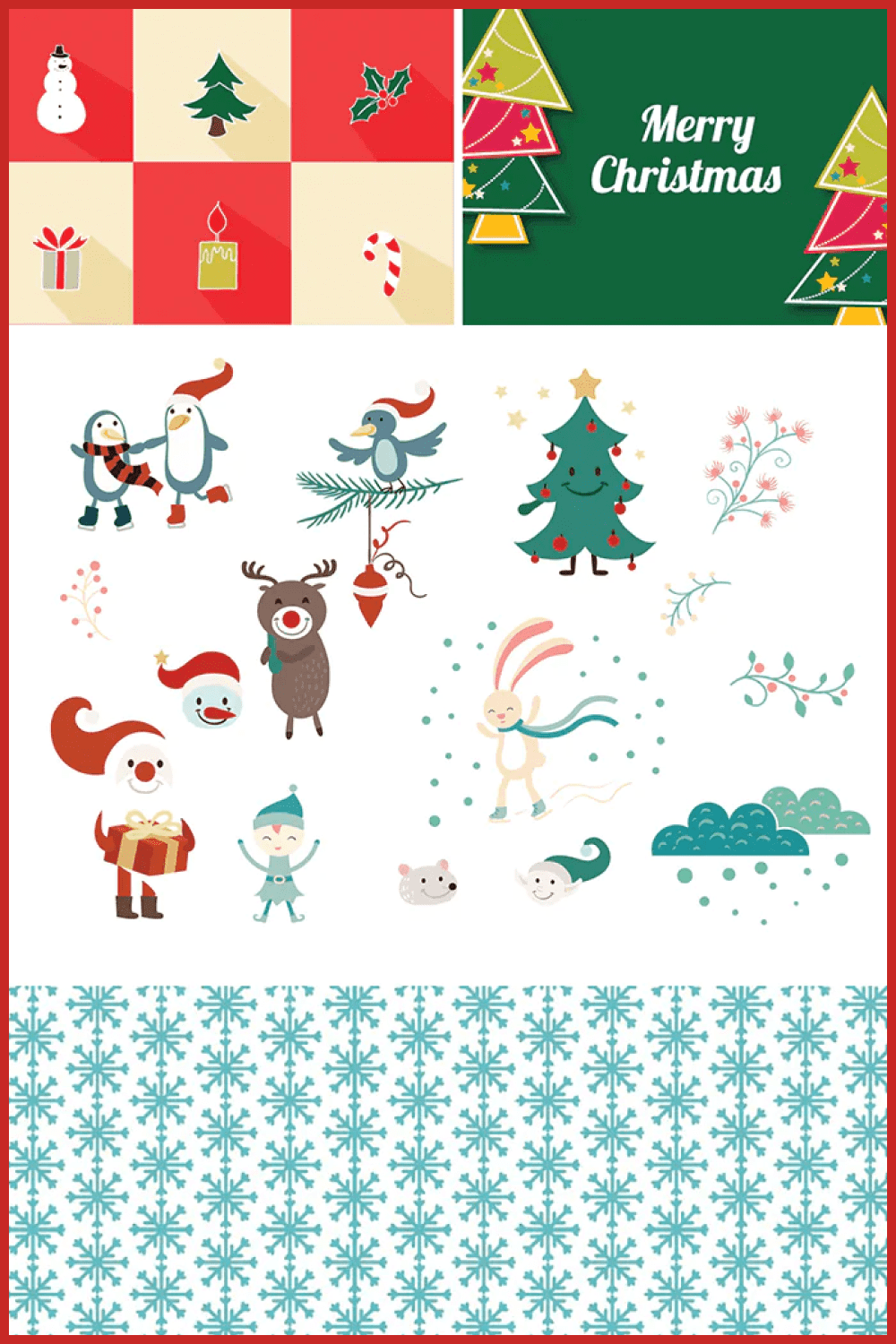 Christmas clipart collage with snowman, fir tree, penguins, deer, green background with lettering.