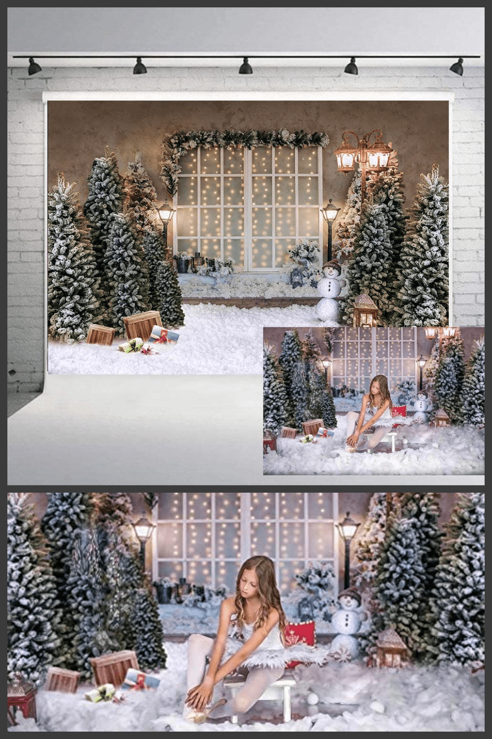 a window decorated with garlands with white curtains, Christmas trees and a girl.