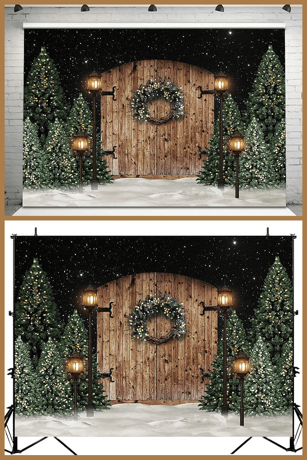 wooden gate with a Christmas wreath, trees on a background of the starry sky.