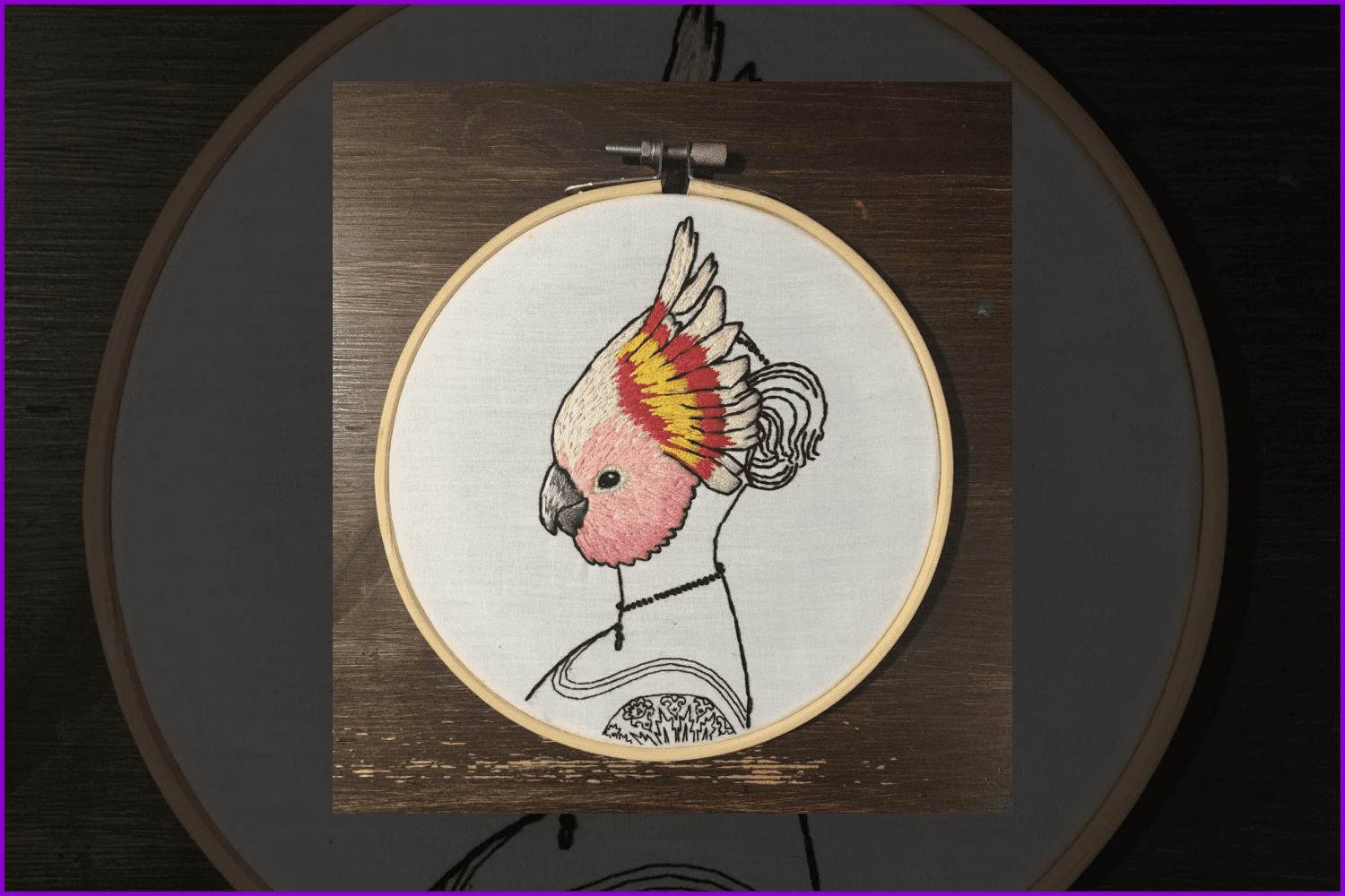 Embroidery with Renaissance figure in colorfull parrot mask.