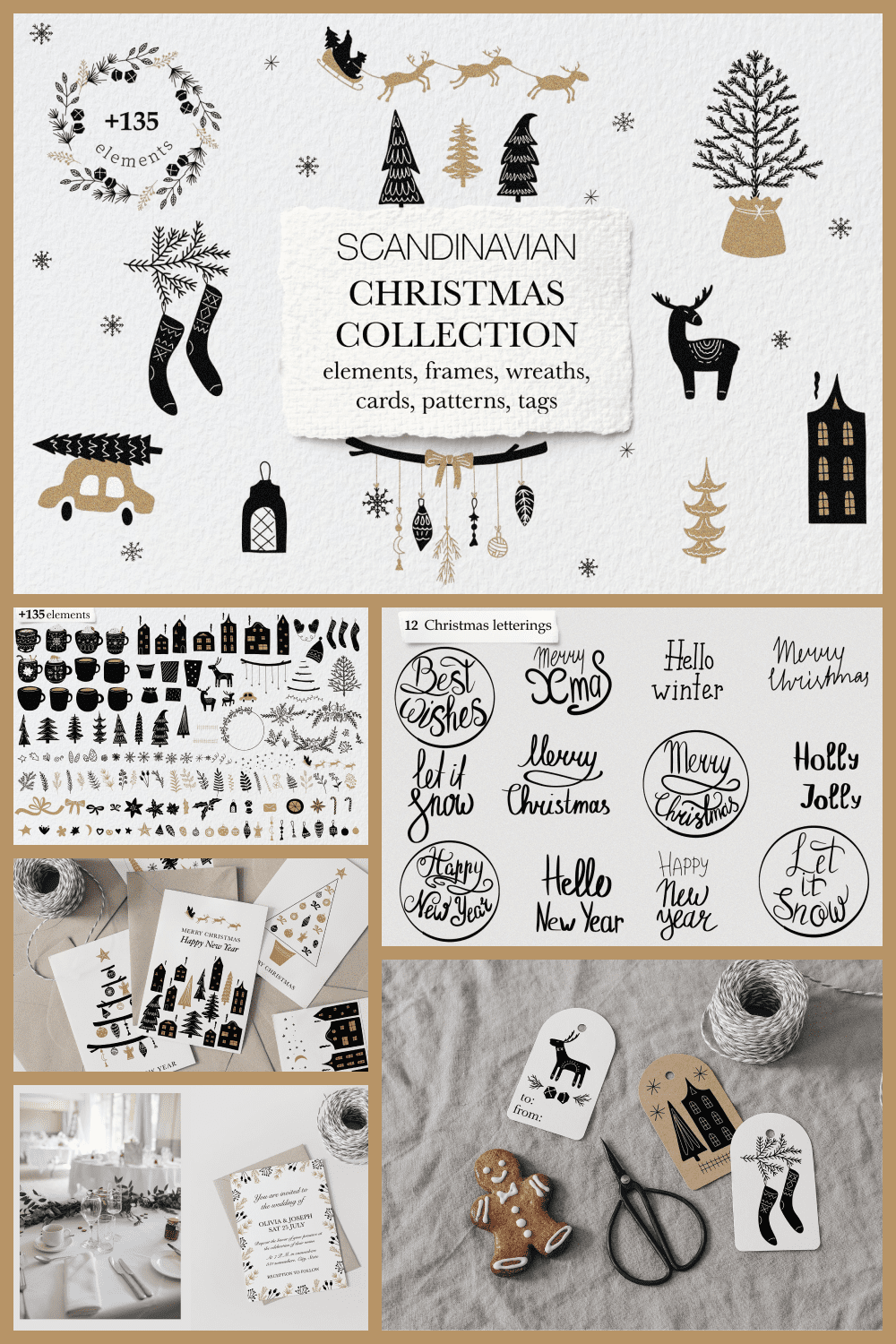 Minimalistic Christmas hand-drawn brown and black illustrations.