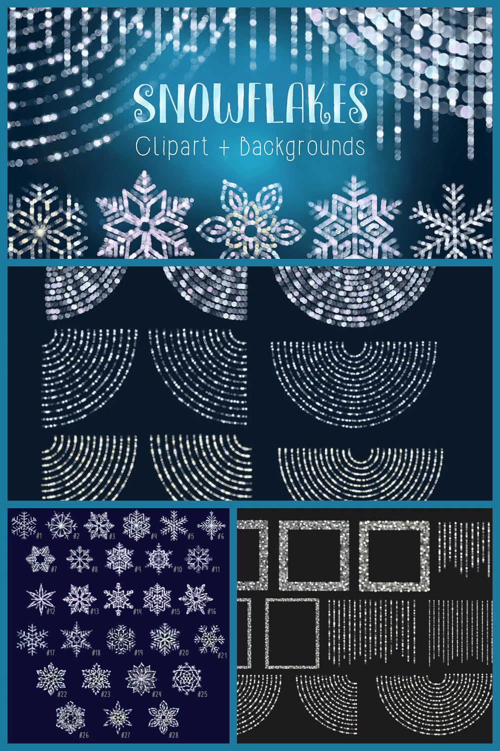 collage with shimmering snowflakes on dark blue background.