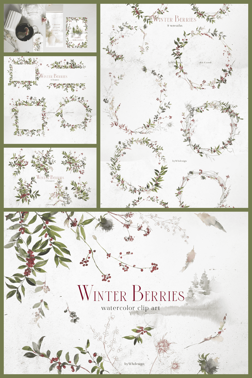 Hand-drawn round and square wreaths with Christmas motifs.