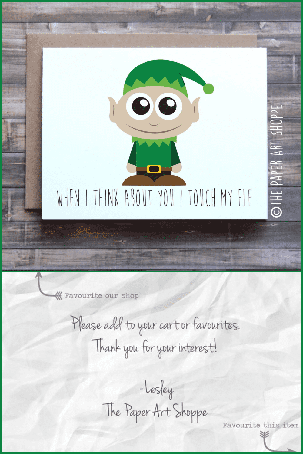 Card with cute drawing elf in green t-shirt.