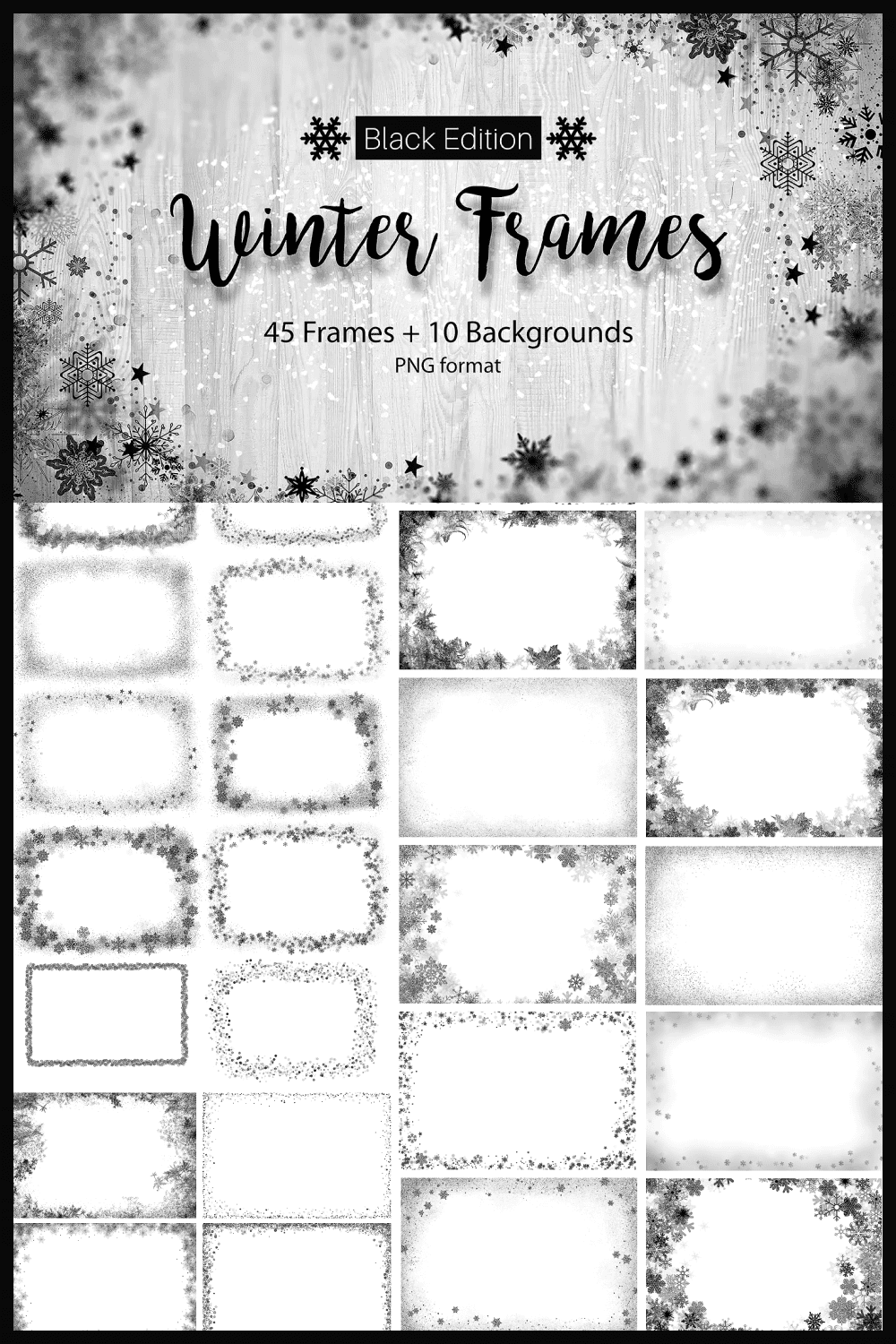 collage with gray frames of snowflakes on a white background.