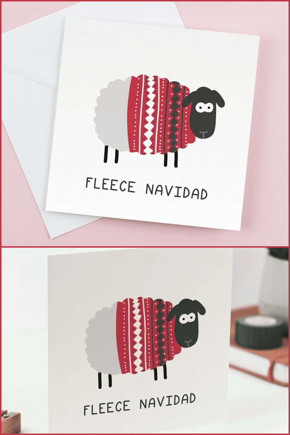 Card with a cute lamb in a knitted sweater