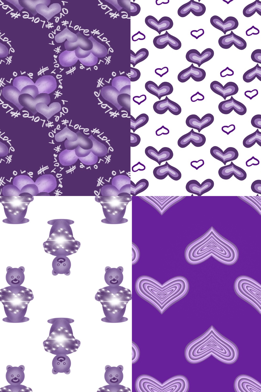 4 Love Seamless Patterns with Hearts.
