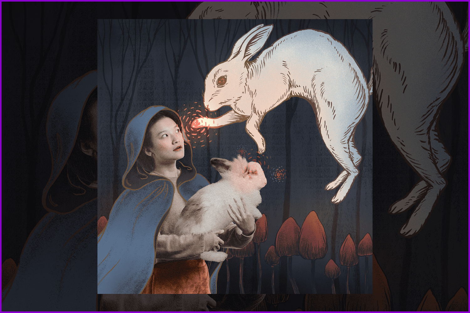 One of surreal illustrations is a girl holding a white rabbit in mantle in a tulip field.