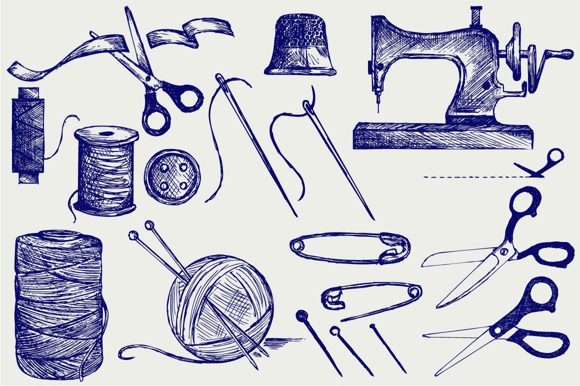 Hand-drawn blue sewing items.